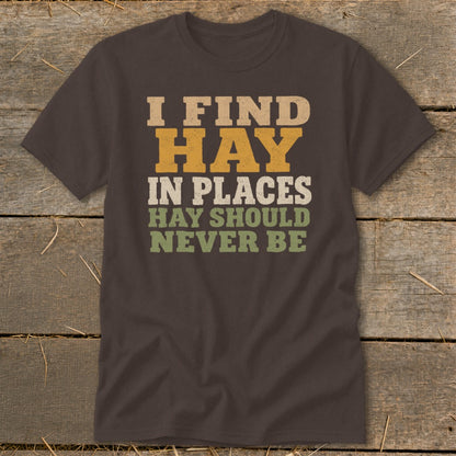 Brown t-shirt with text "I FIND HAY IN PLACES HAY SHOULD NEVER BE".