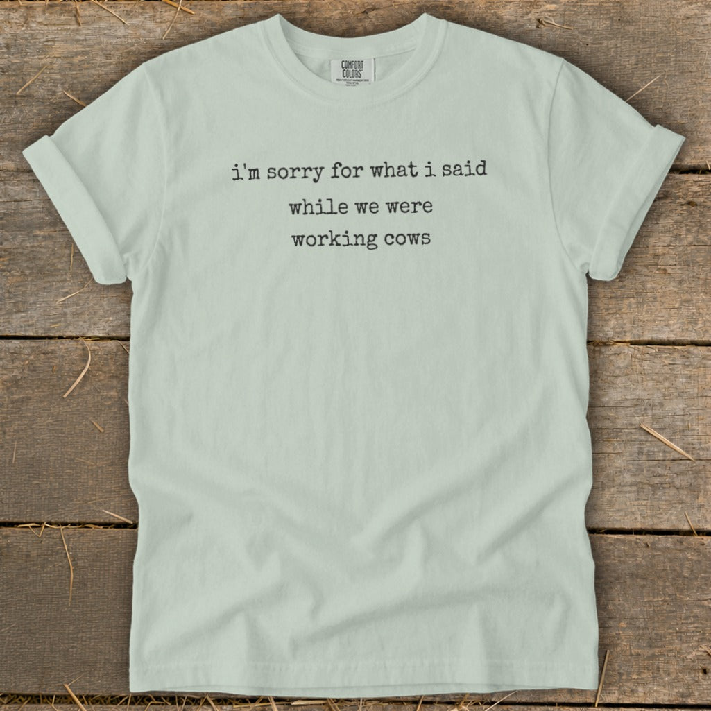 Light green Comfort Colors t-shirt with text "i'm sorry for what i said while we were working cows".