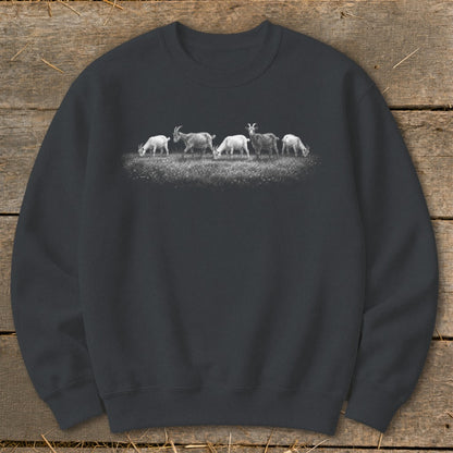 Dark grey sweatshirt with a white silhouette of five goats grazing in a field.