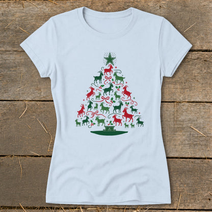 Light blue t-shirt with a Christmas tree made of red and green goats.