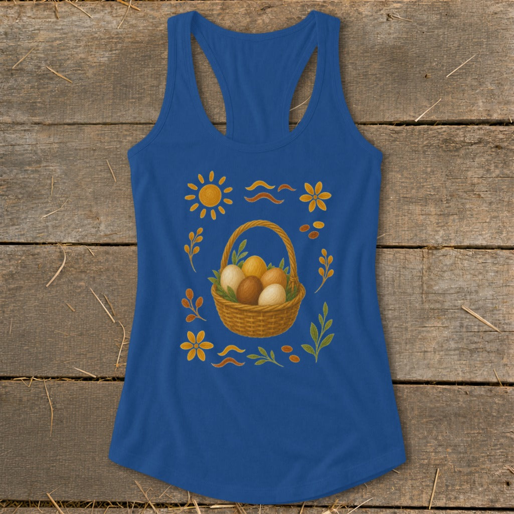 Blue tank top with Easter basket, eggs, sun, flowers, and leaves graphic.
