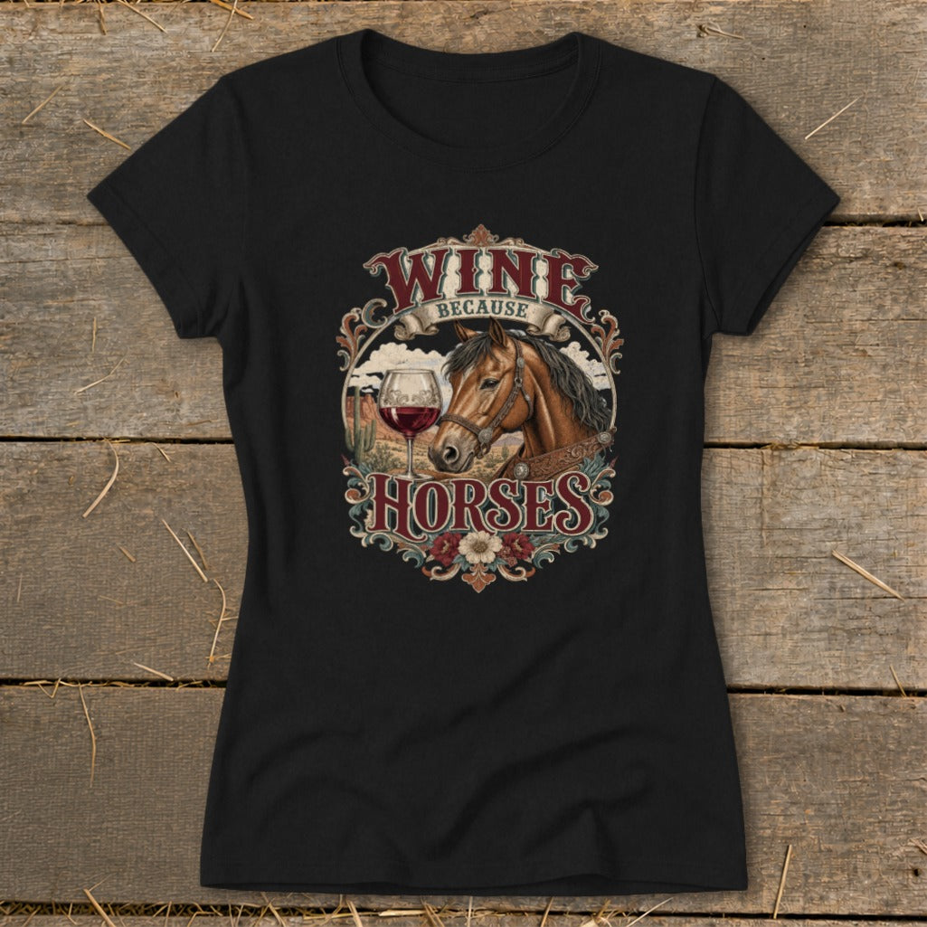 Black t-shirt with "Wine Because Horses" text and horse illustration.