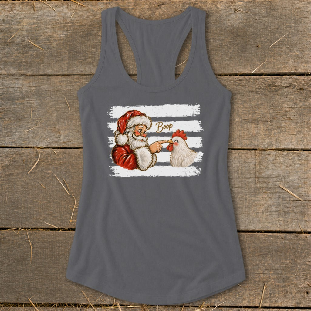 Santa Claus boops a chicken on the nose with the word "Boop" above them.