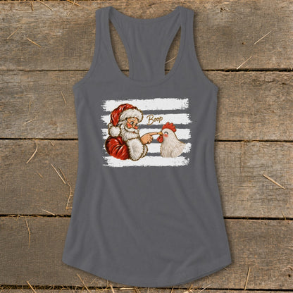 Santa Claus boops a chicken on the nose with the word "Boop" above them.