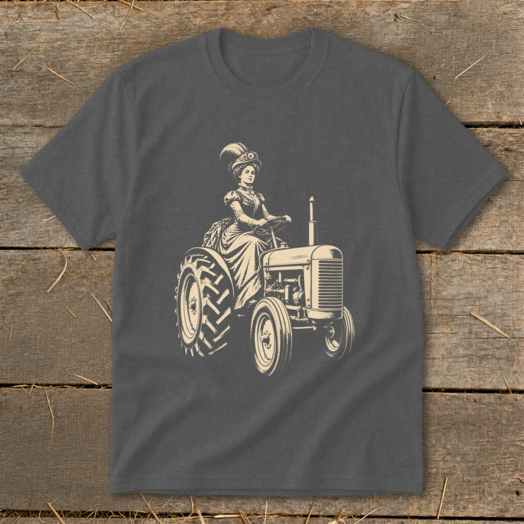 Victorian woman in elaborate hat driving a vintage tractor illustration.