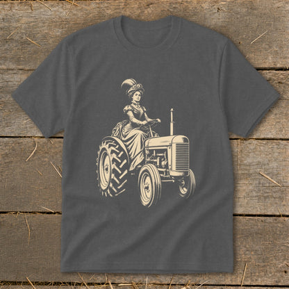 Victorian woman in elaborate hat driving a vintage tractor illustration.