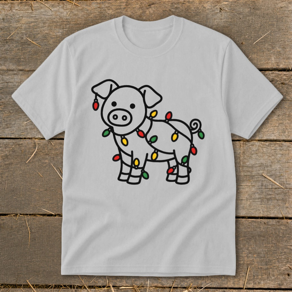 Light gray crewneck t-shirt featuring a cute cartoon pig wrapped in colorful Christmas lights.