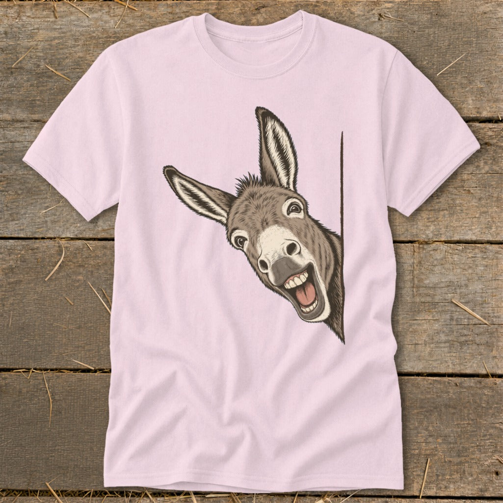 Pink t-shirt with a laughing donkey peeking from the right side.