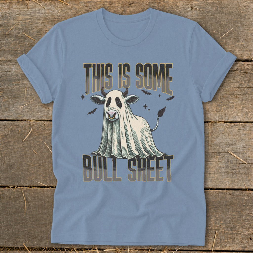 Ghost cow with horns and nose ring, saying "This is Some Bull Sheet".