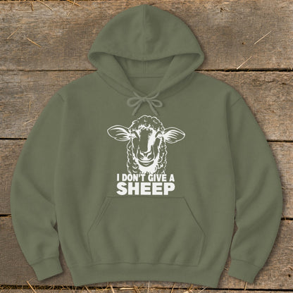Olive green hoodie with white sheep graphic and "I DON'T GIVE A SHEEP" text.