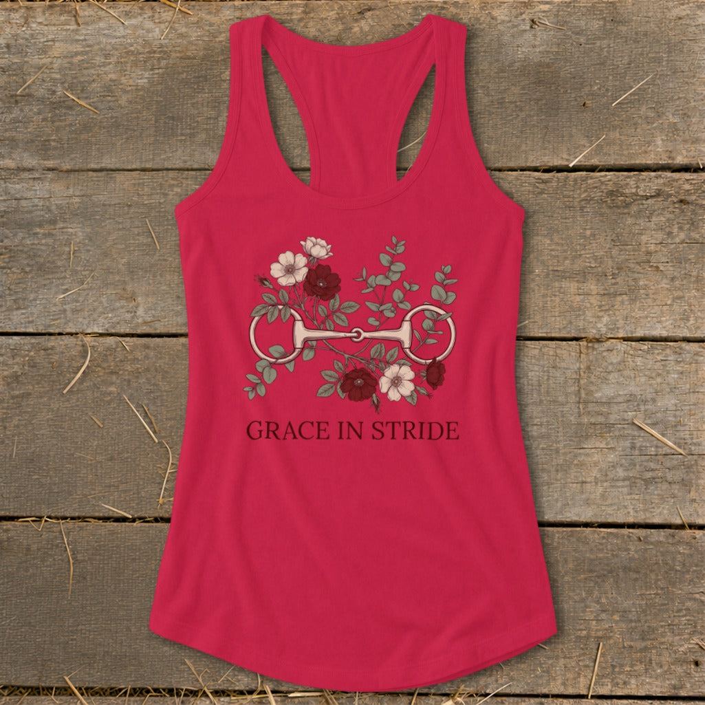 Red tank top with floral horse bit graphic and "GRACE IN STRIDE" text.