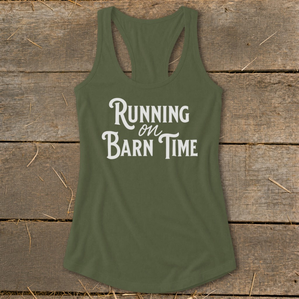 Green tank top with white text "Running on Barn Time"