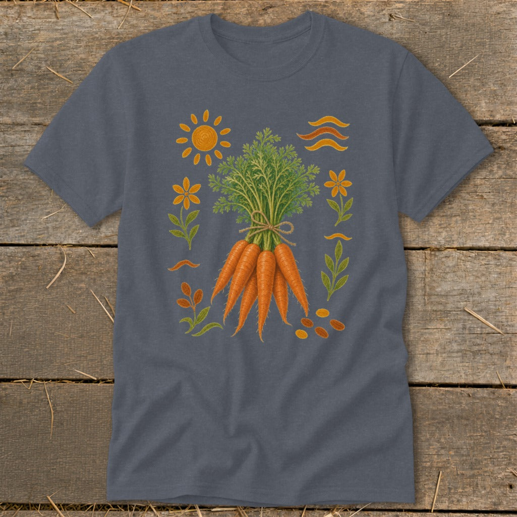 T-shirt with a graphic of a bunch of carrots tied with twine surrounded by decorative elements.