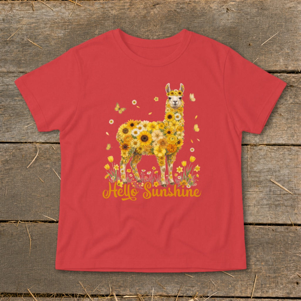 Red t-shirt with floral llama and "Hello Sunshine" text.
