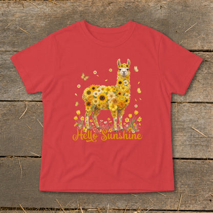 Red t-shirt with floral llama and "Hello Sunshine" text.