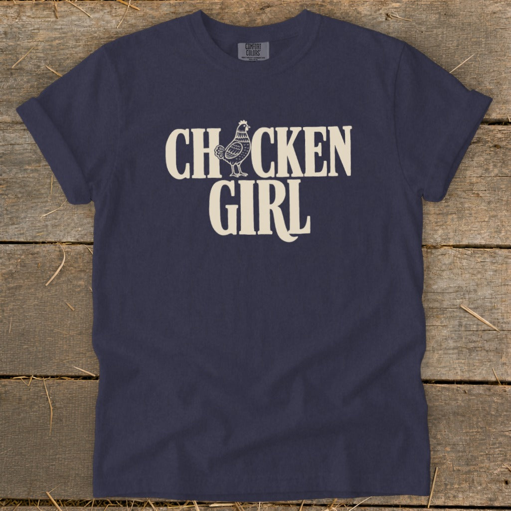 Navy t-shirt with "Chicken Girl" text and a chicken illustration.