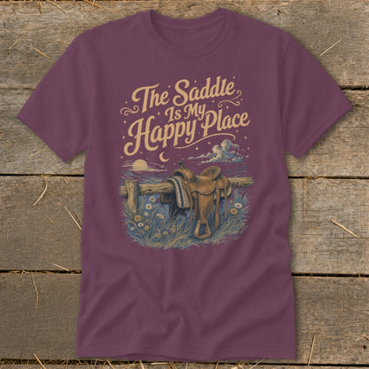 Maroon t-shirt with "The Saddle Is My Happy Place" text and saddle on fence.
