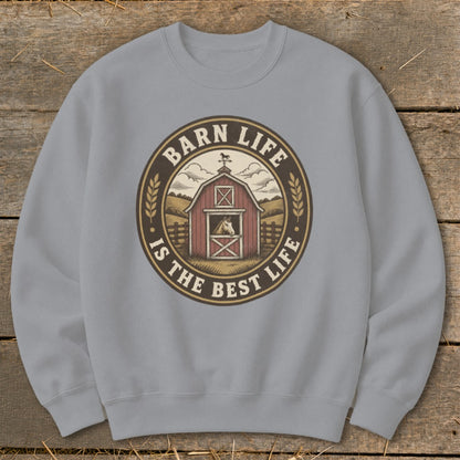 Barn life is the best life circular design with a barn and horse graphic.