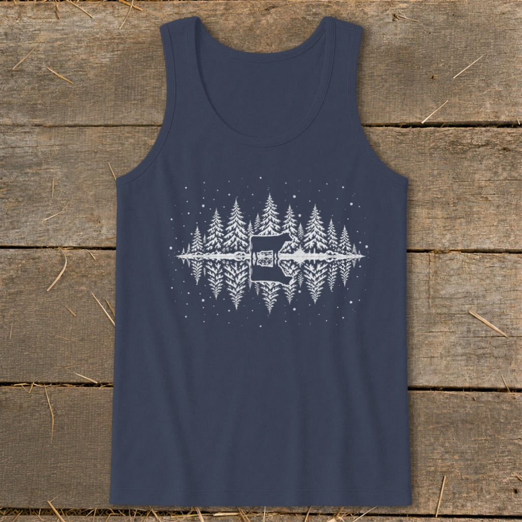 Navy tank top with white cow and pine trees reflected in water graphic.