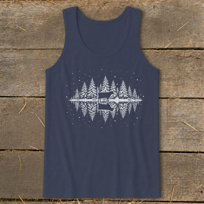 Navy tank top with white cow and pine trees reflected in water graphic.