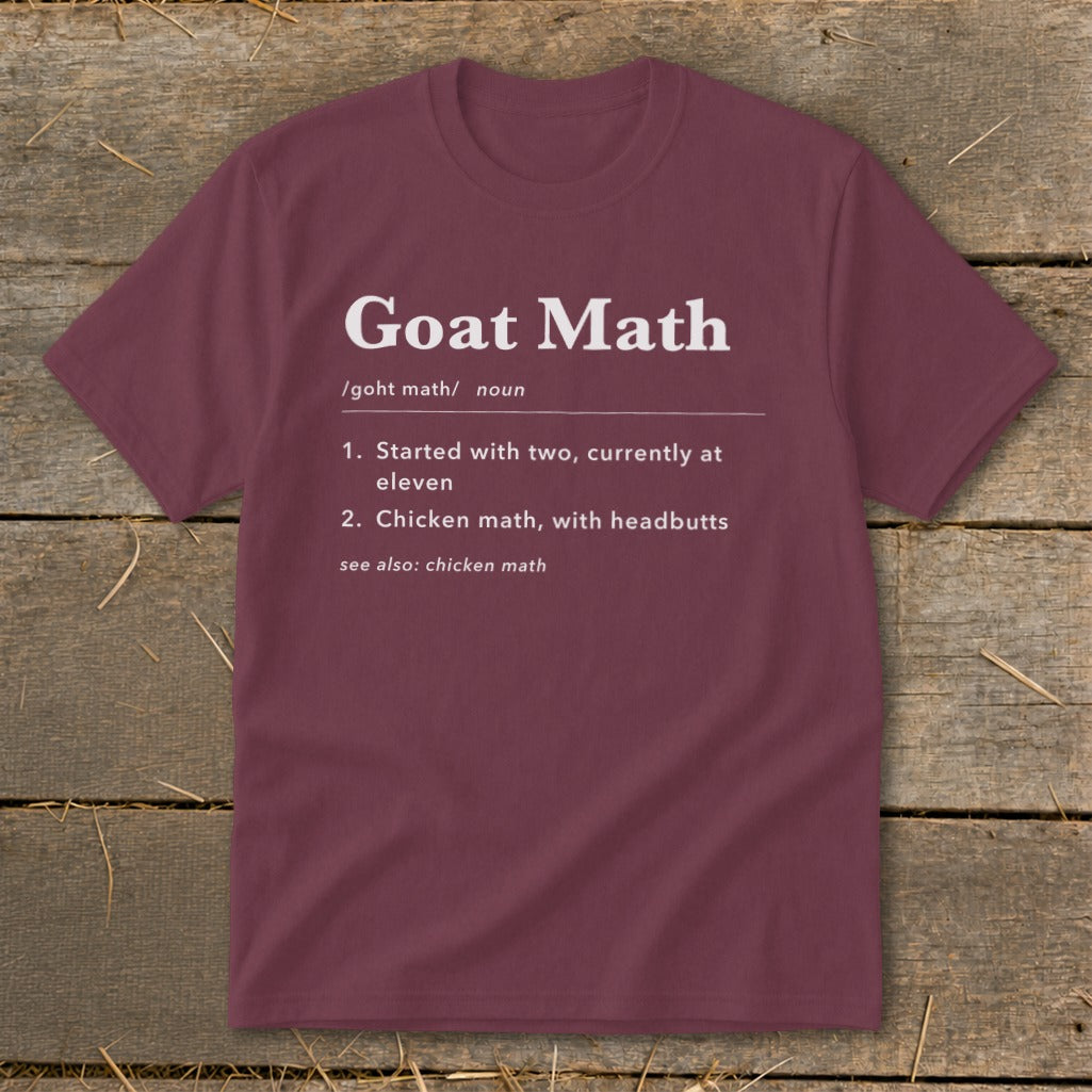 Maroon t-shirt with "Goat Math" definition text.