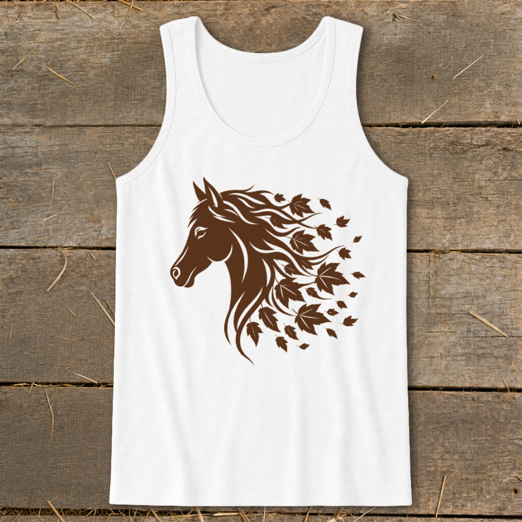 White tank top with a brown horse head graphic adorned with falling leaves.