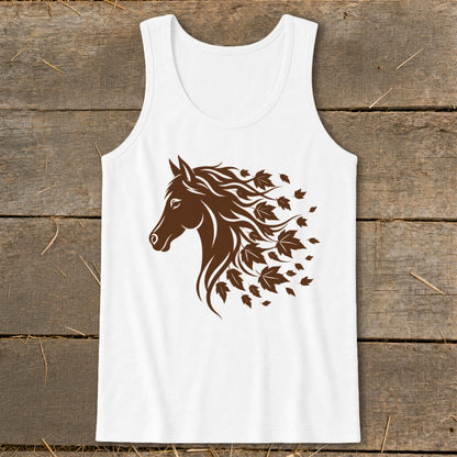 White tank top with a brown horse head graphic adorned with falling leaves.