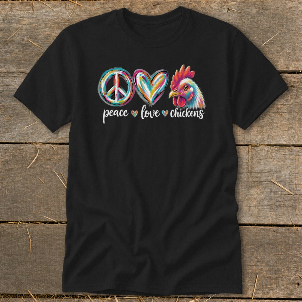 Black t-shirt with peace sign, heart, and chicken graphics and text.