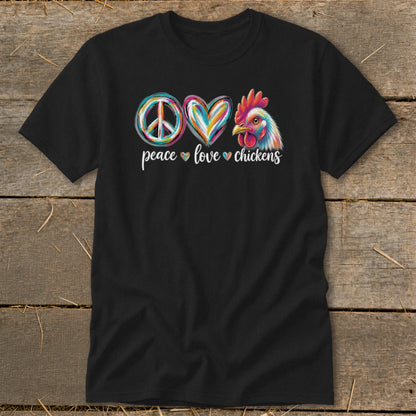 Black t-shirt with peace sign, heart, and chicken graphics and text.