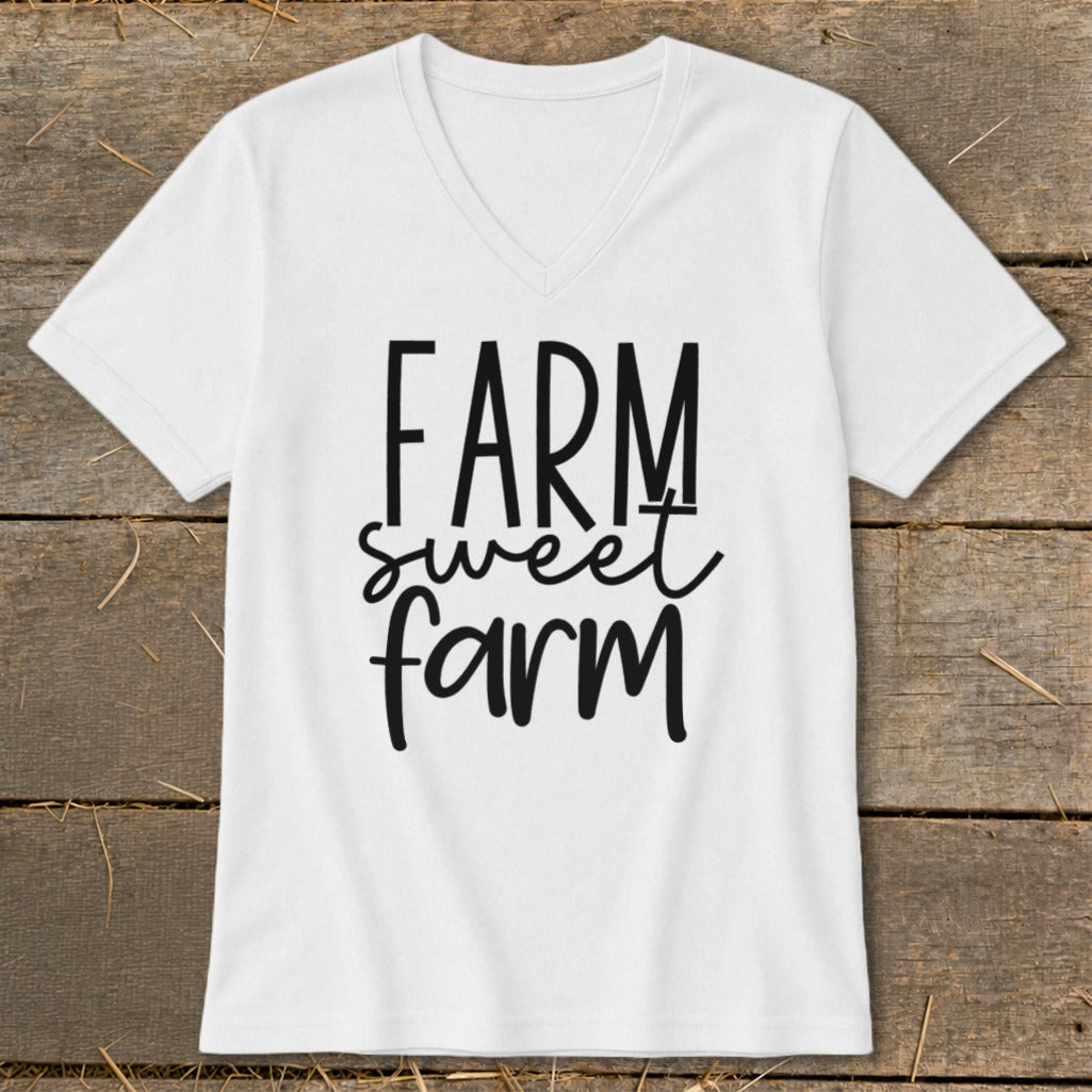 White v-neck t-shirt with black text "FARM sweet farm".