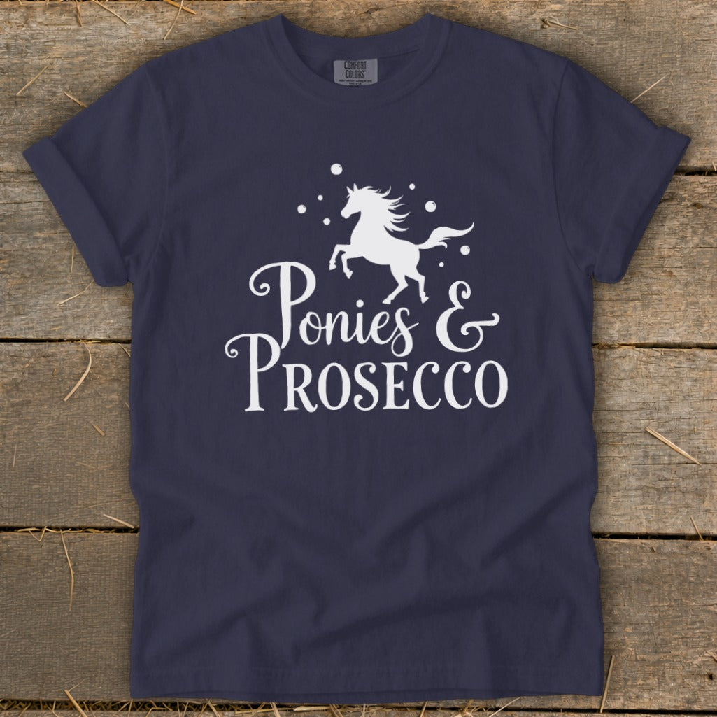 Navy t-shirt with white graphic of a pony and "Ponies & Prosecco" text.