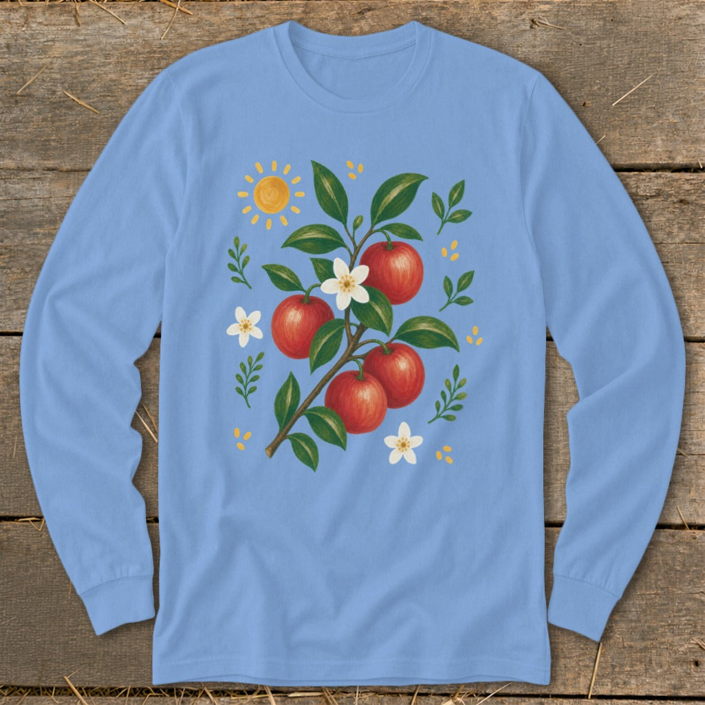 Blue long-sleeve shirt with an apple branch illustration and a sun.