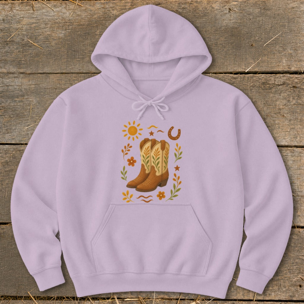 Lavender hoodie with cowboy boots, sun, and horseshoe graphic design.