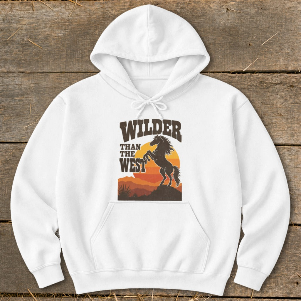 White hoodie with "WILDER THAN THE WEST" text and a rearing horse silhouette.