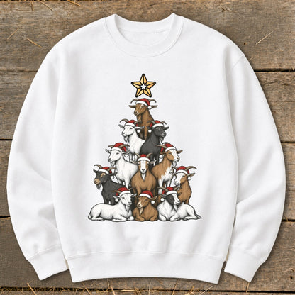 White sweatshirt with a Christmas tree made of goats wearing Santa hats.