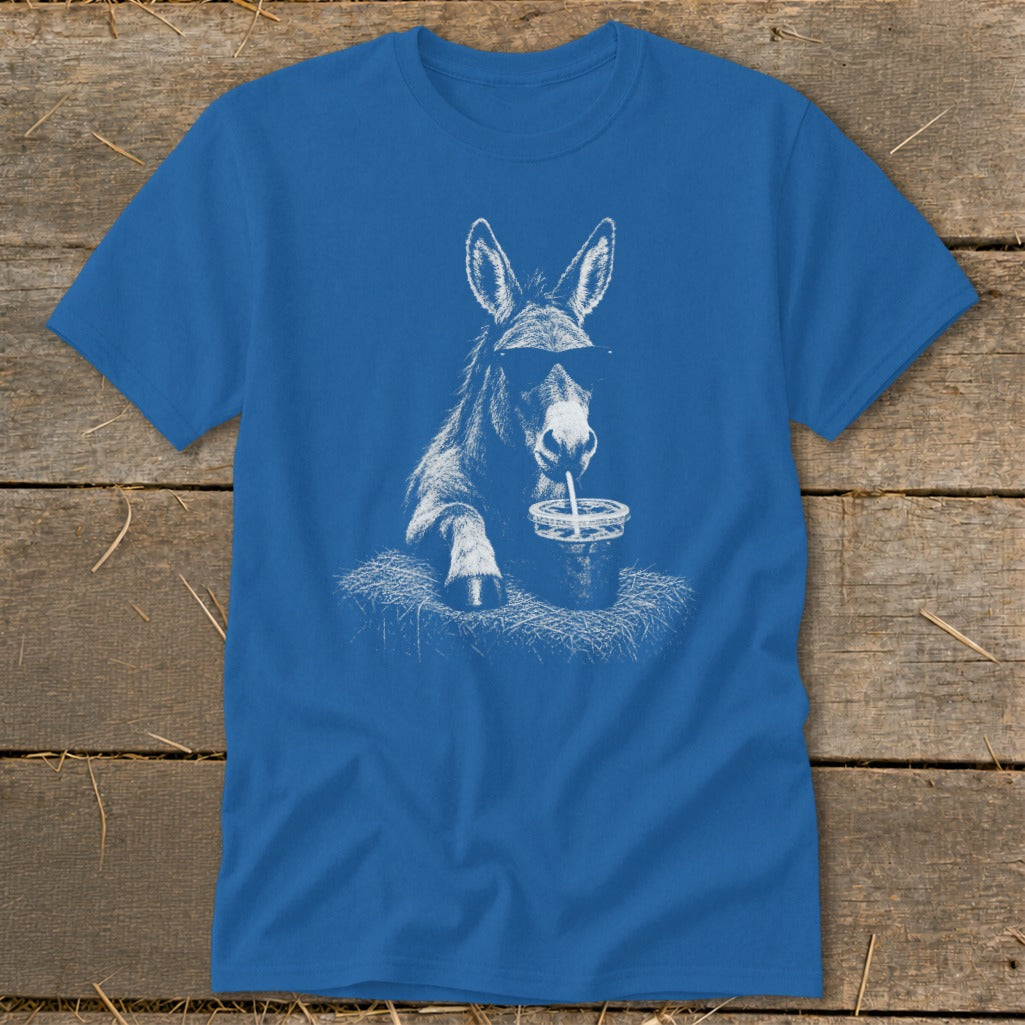 Blue t-shirt with white graphic of a donkey wearing sunglasses and drinking from a cup.