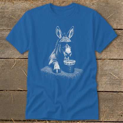 Blue t-shirt with white graphic of a donkey wearing sunglasses and drinking from a cup.