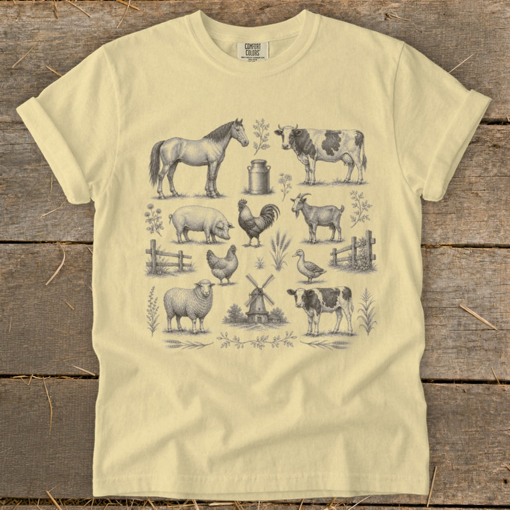 Farm animals including horse, cow, pig, rooster, sheep, goat, duck, and calf.