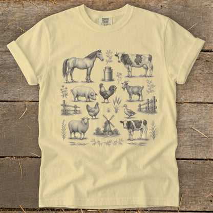 Farm animals including horse, cow, pig, rooster, sheep, goat, duck, and calf.