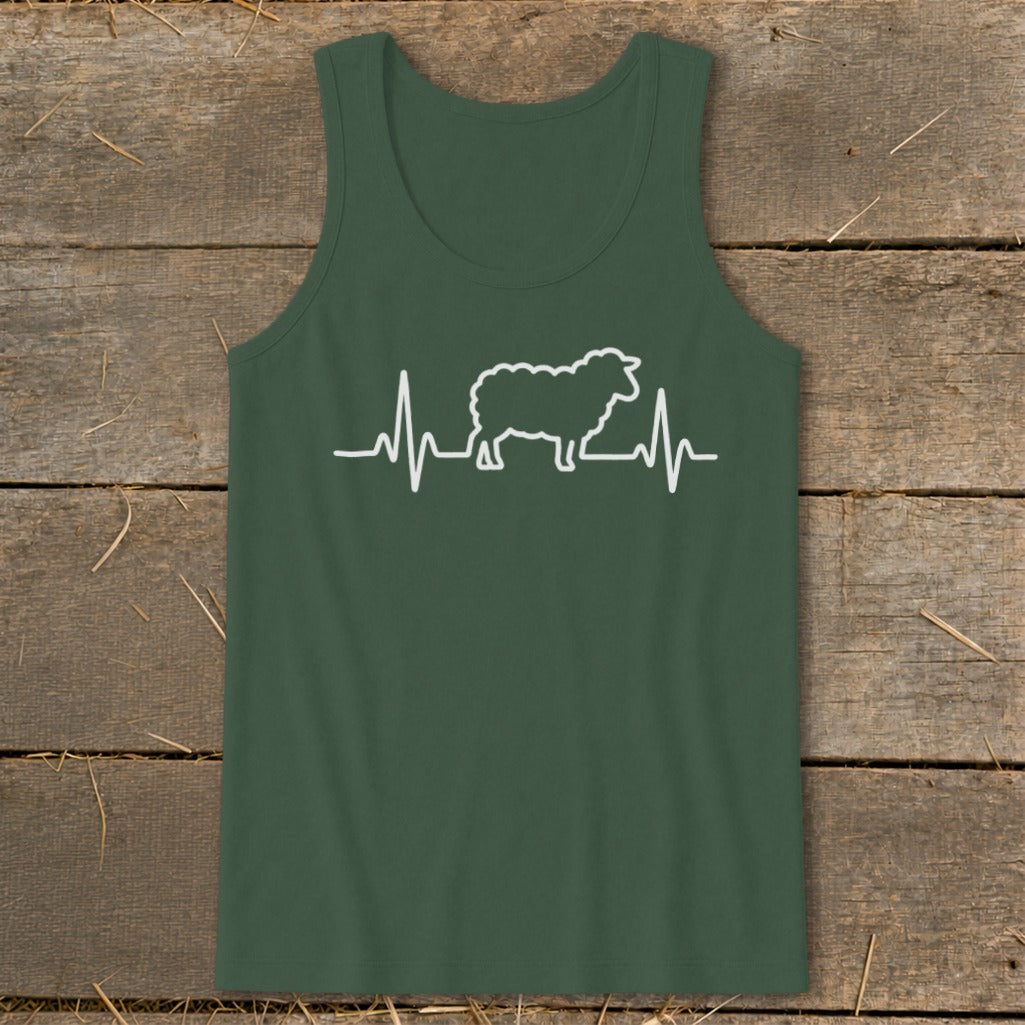 Dark green tank top featuring a white heartbeat line and sheep silhouette graphic on a wooden background.