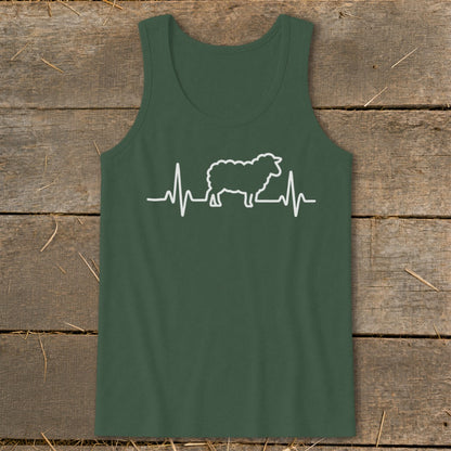 Dark green tank top featuring a white heartbeat line and sheep silhouette graphic on a wooden background.