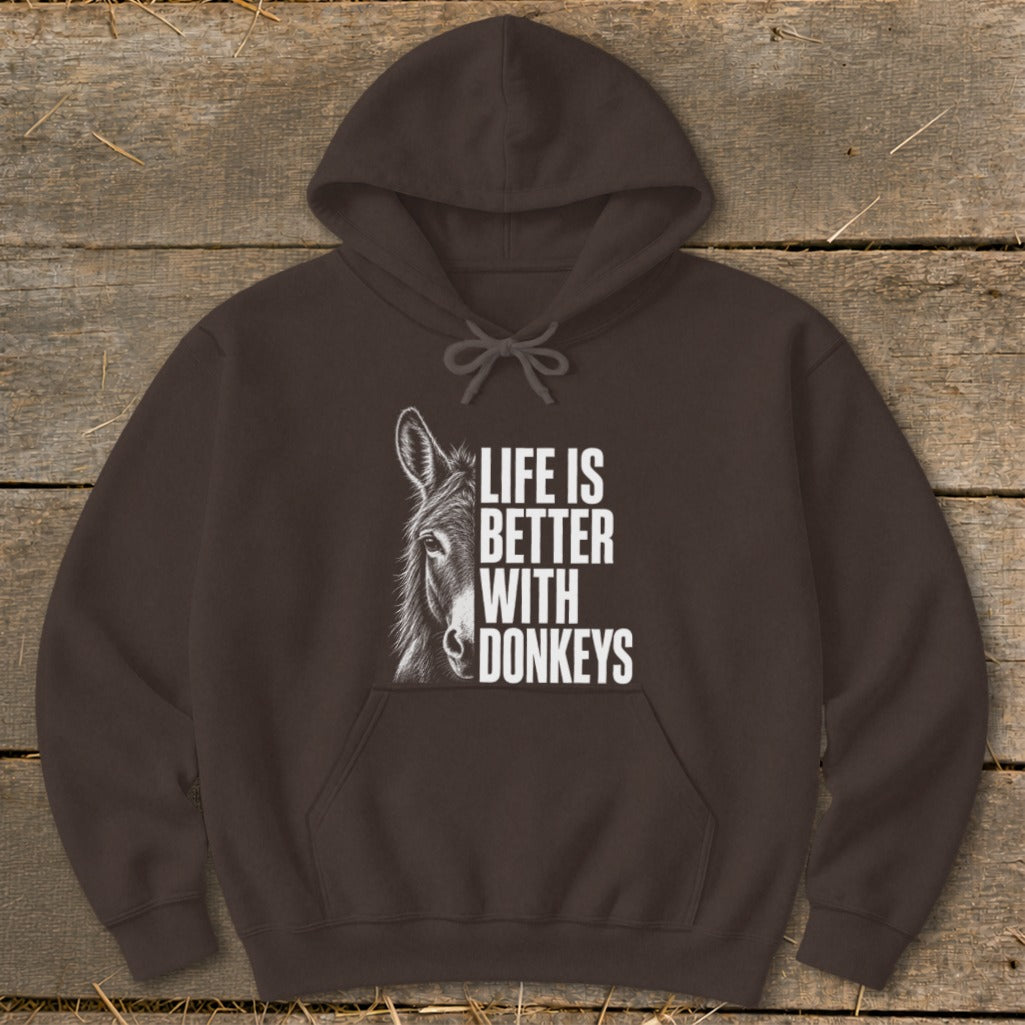 Brown hoodie with a donkey illustration and the text "LIFE IS BETTER WITH DONKEYS".