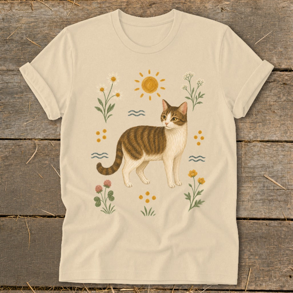 Cream t-shirt with illustration of a tabby cat surrounded by flowers and sun.