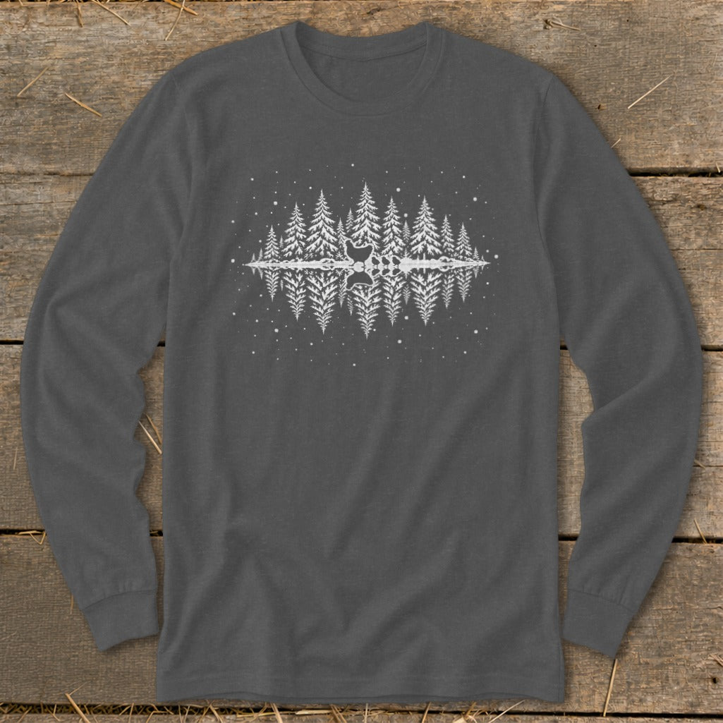 Long sleeve grey t-shirt with white reflection of pine trees and snowflakes.