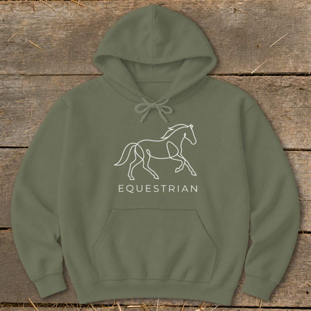 Olive green hoodie with white line art horse and "EQUESTRIAN" text.