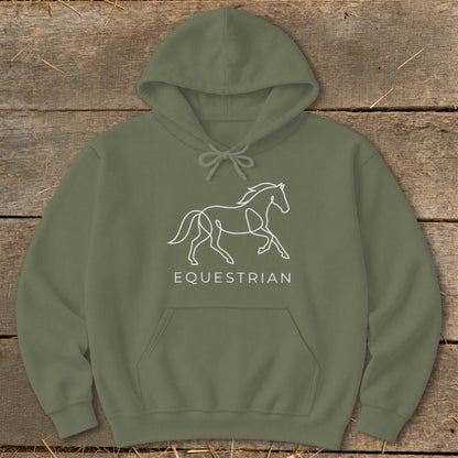 Olive green hoodie with white line art horse and "EQUESTRIAN" text.