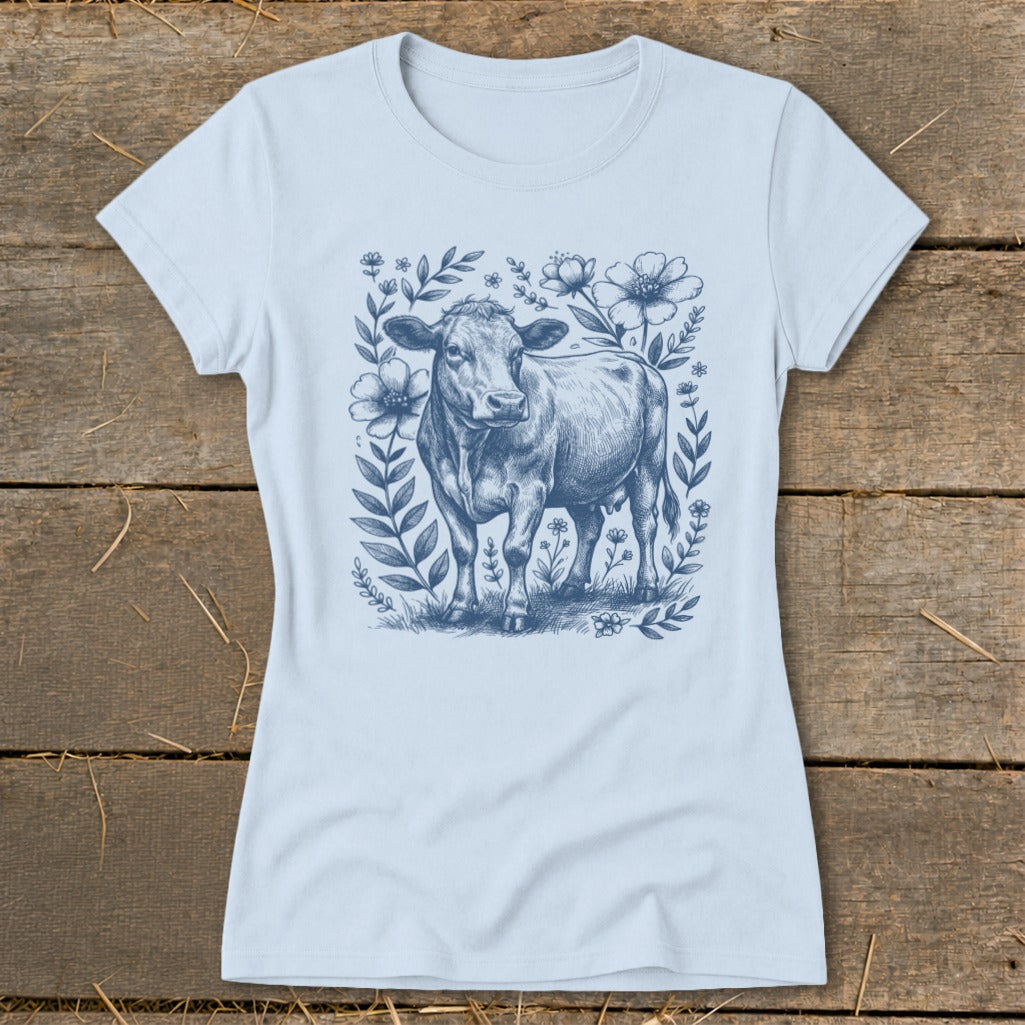 Light blue t-shirt with a blue sketch of a cow surrounded by flowers.