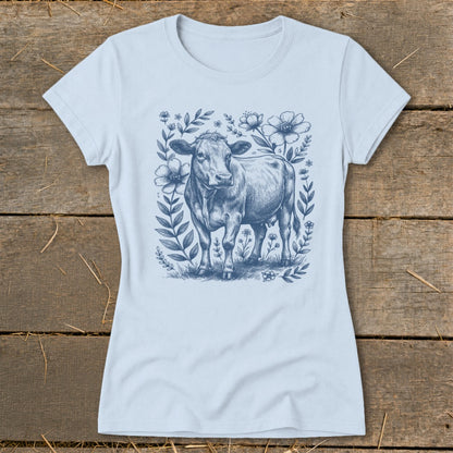 Light blue t-shirt with a blue sketch of a cow surrounded by flowers.