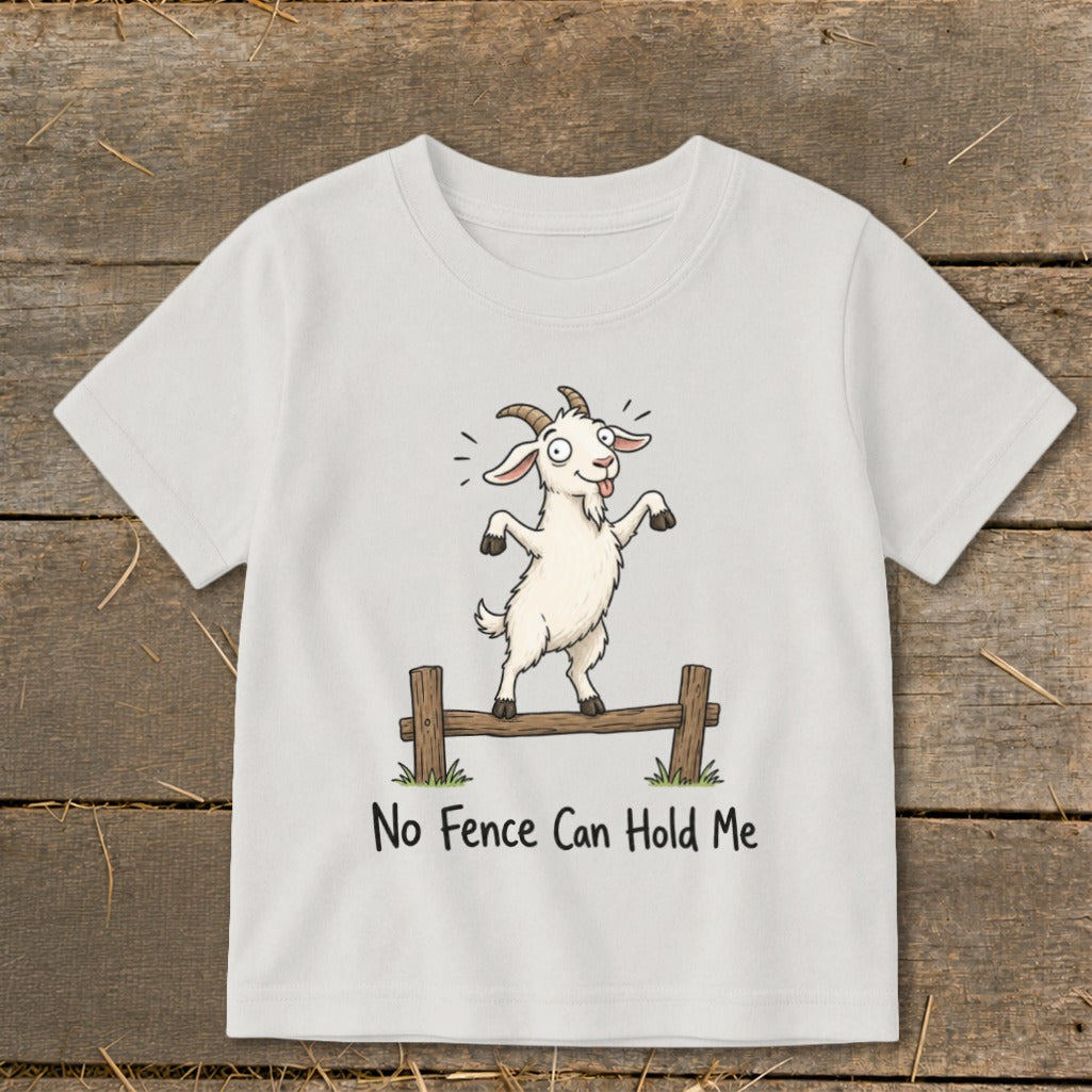 White t-shirt with cartoon goat balancing on a fence, text "No Fence Can Hold Me".