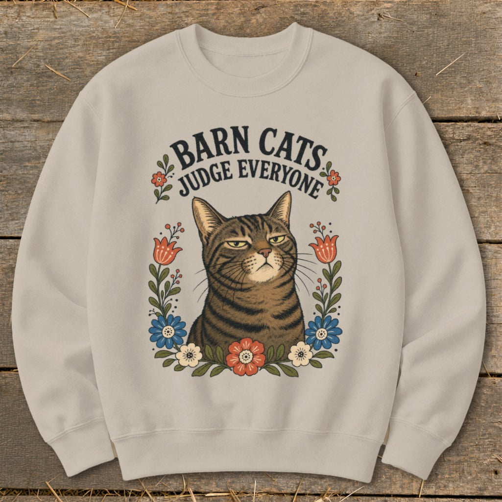 Crewneck sweatshirt with a tabby cat graphic and "Barn Cats Judge Everyone" text.